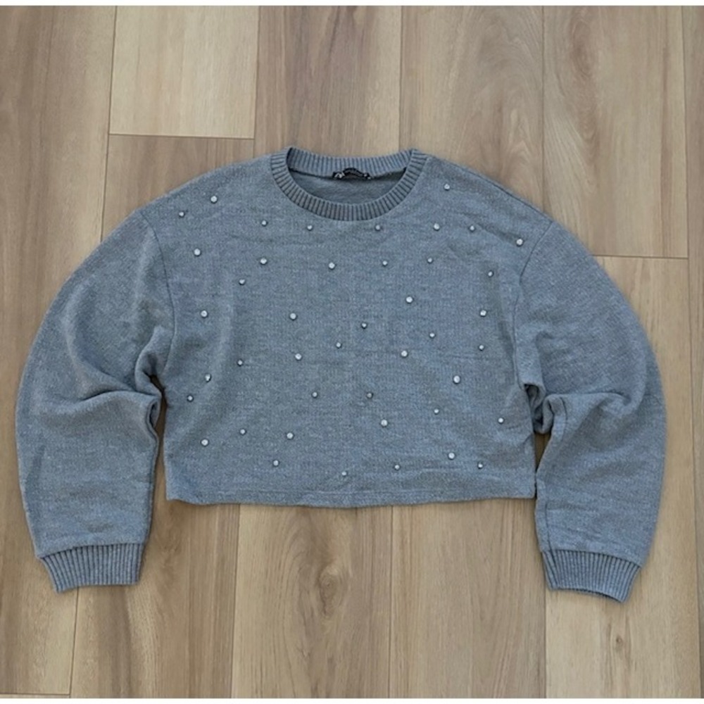 Zara Gray Rhinestone Embellished Cropped Pullover Sweatshirt‎
